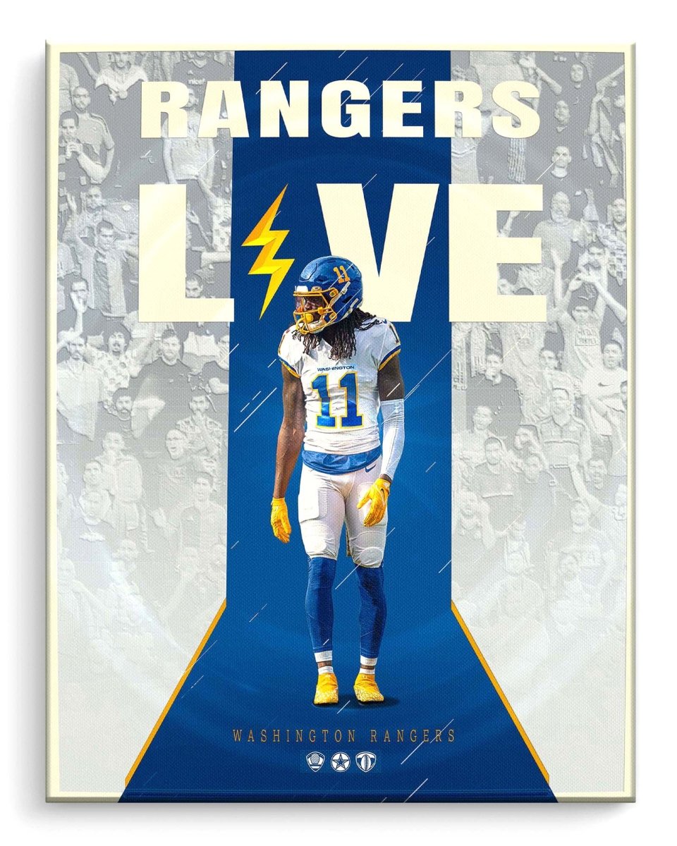 Custom Sports Poster of a football player in a blue and white uniform with 'Rangers Live' text.