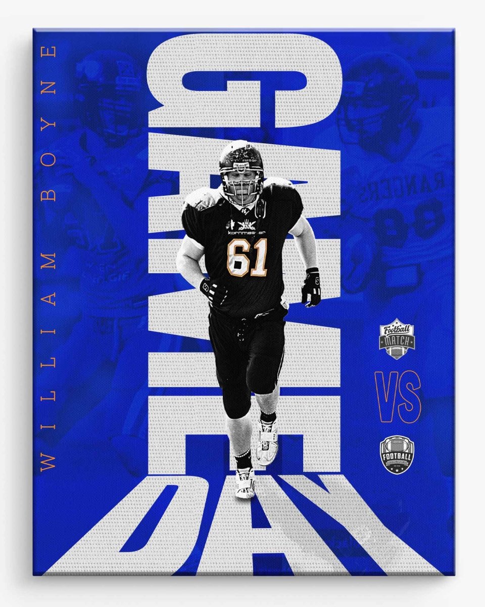 Custom Sports Poster of a Football player in black uniform with number 61 on a blue and white background
