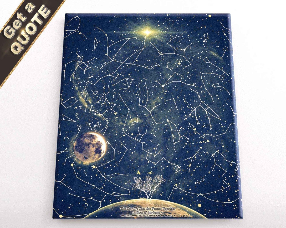A custom star map depicting constellations and a celestial body, likely a moon or planet, with a city lights pattern below.