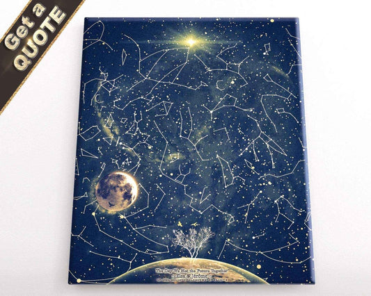 A custom star map depicting constellations and a celestial body, likely a moon or planet, with a city lights pattern below.