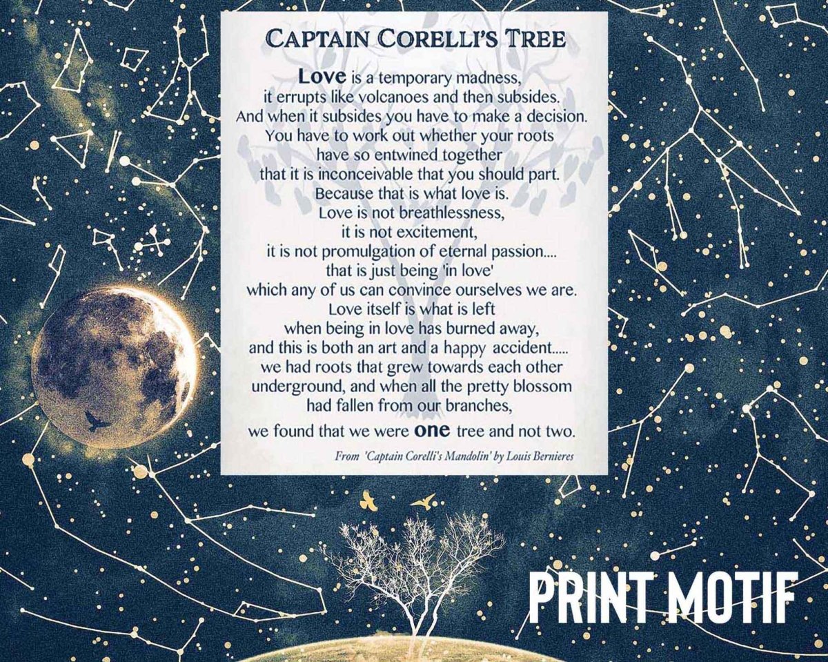 A custom star map depicting constellations and a celestial body, likely a moon or planet, with a city lights pattern below. Excerpt of Print.