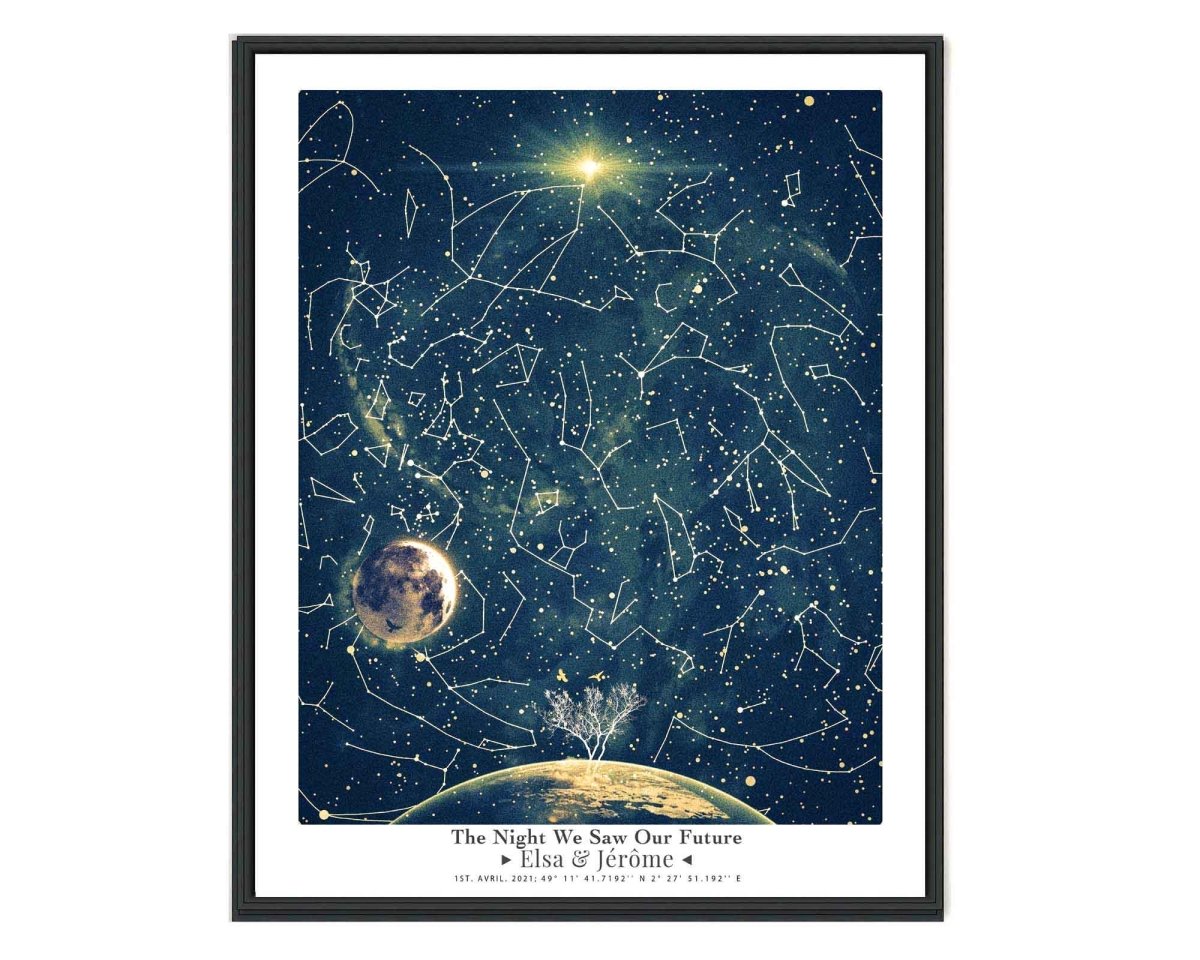 A custom star map depicting constellations and a celestial body, likely a moon or planet, with a city lights pattern below. Framed print.