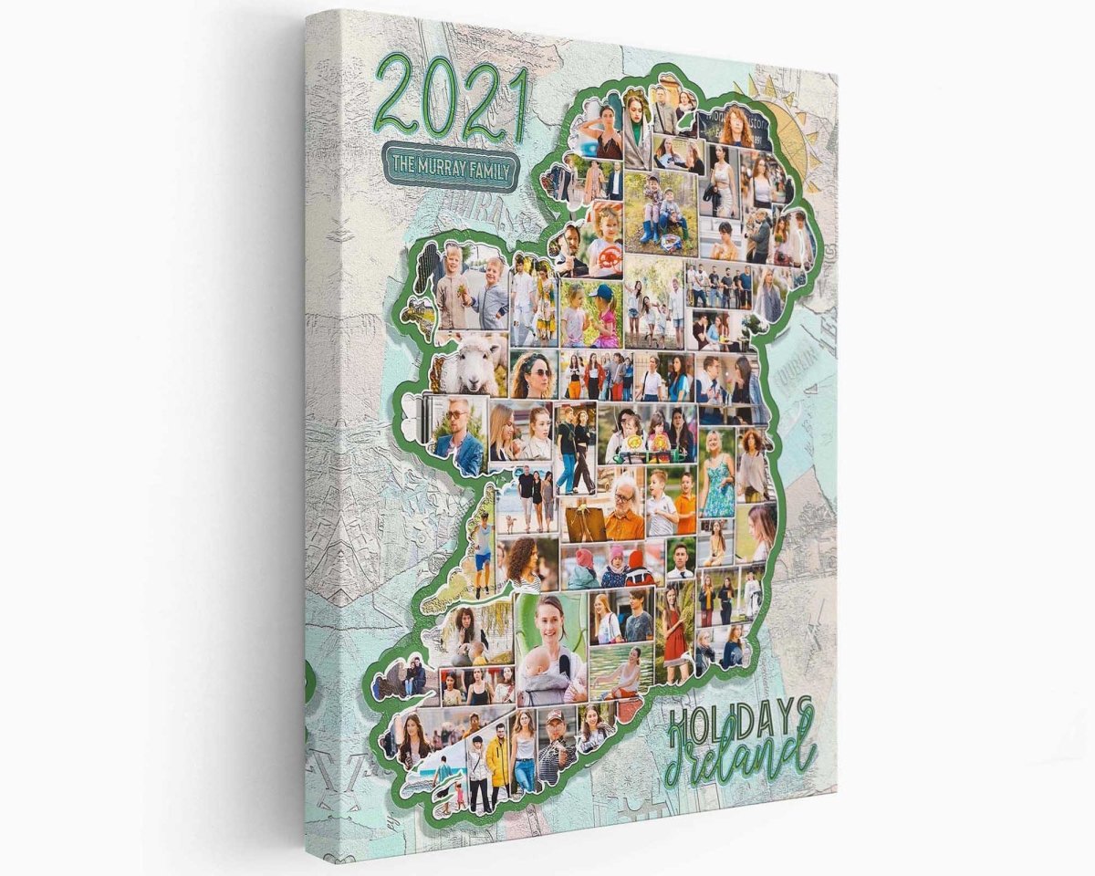 A custom photo collage designed in the shape of the map of Ireland, with various images and a text overlay reading 'The Murray Family Holidays 2021'.