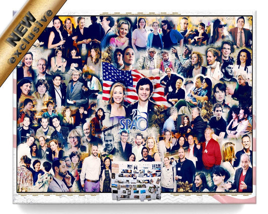 A custom business  photo collage featuring various individuals, with a prominent American flag and a company event 'SPC' logo, at a business convention.
