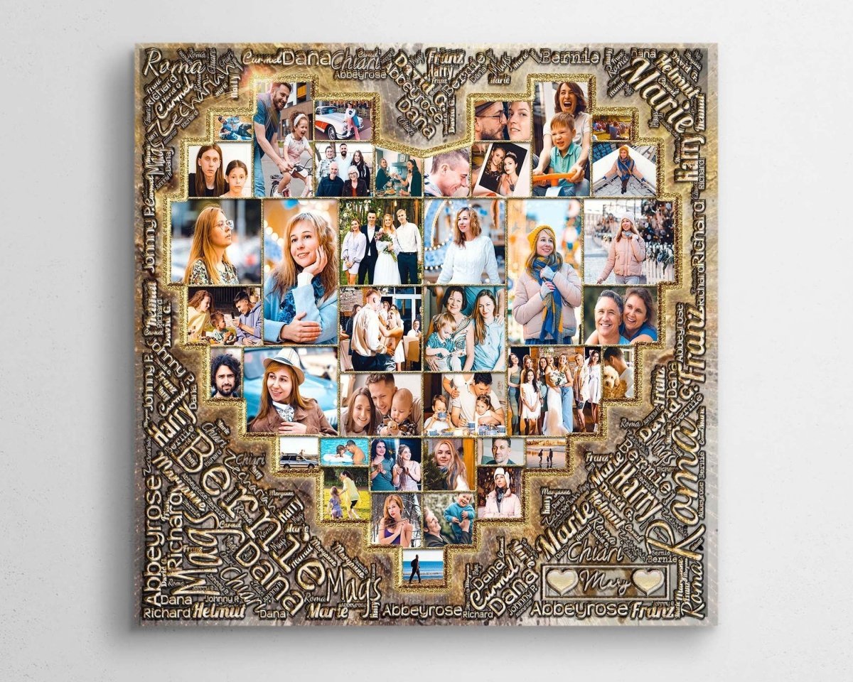 A typographical and custom photo collage wall art featuring multiple heart shapes and family photos arranged within the design. gold Theme & Square orientation. Printed on canvas.