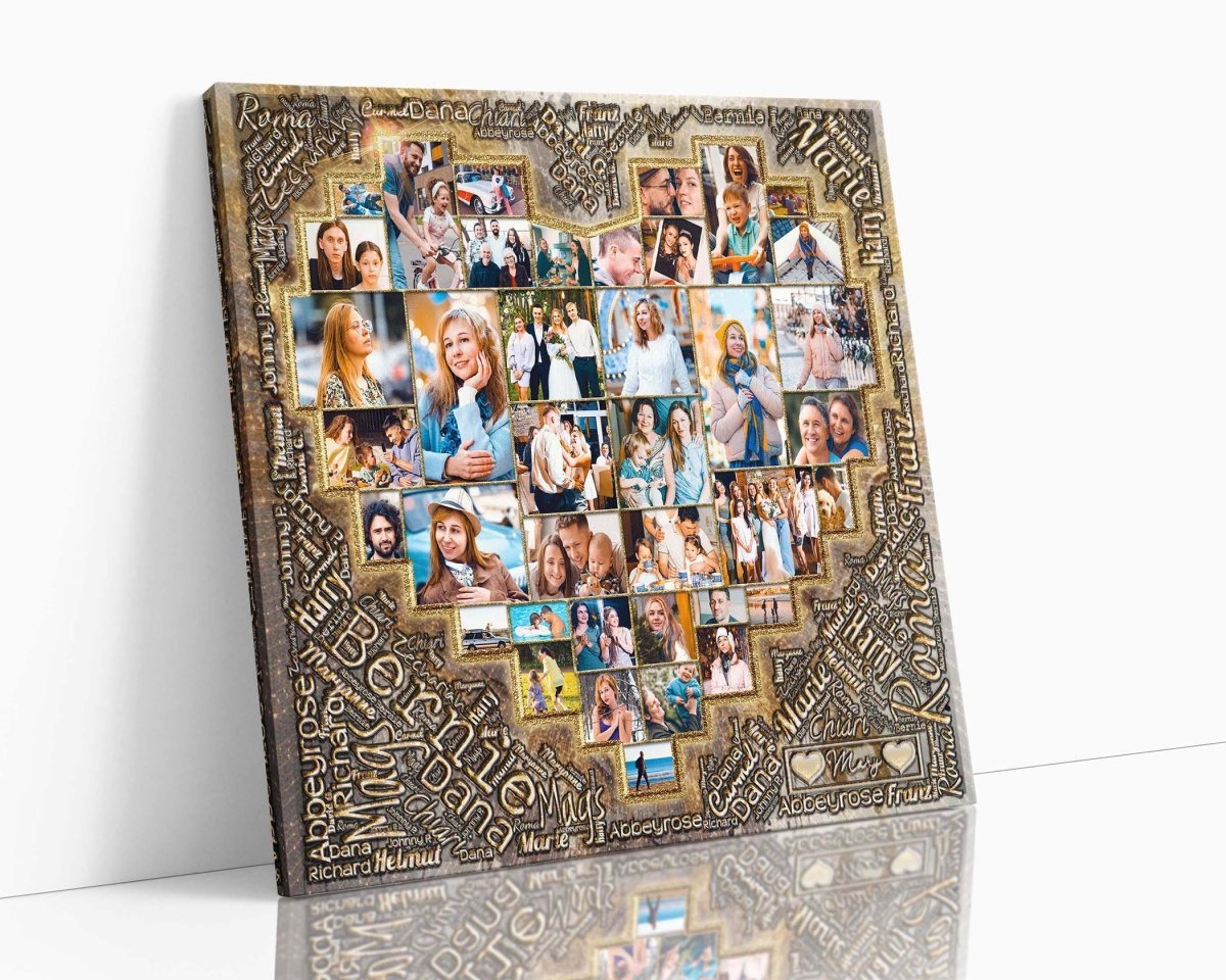 A typographical and custom photo collage wall art featuring multiple heart shapes and family photos arranged within the design. gold Theme & Square orientation. Printed on canvas.