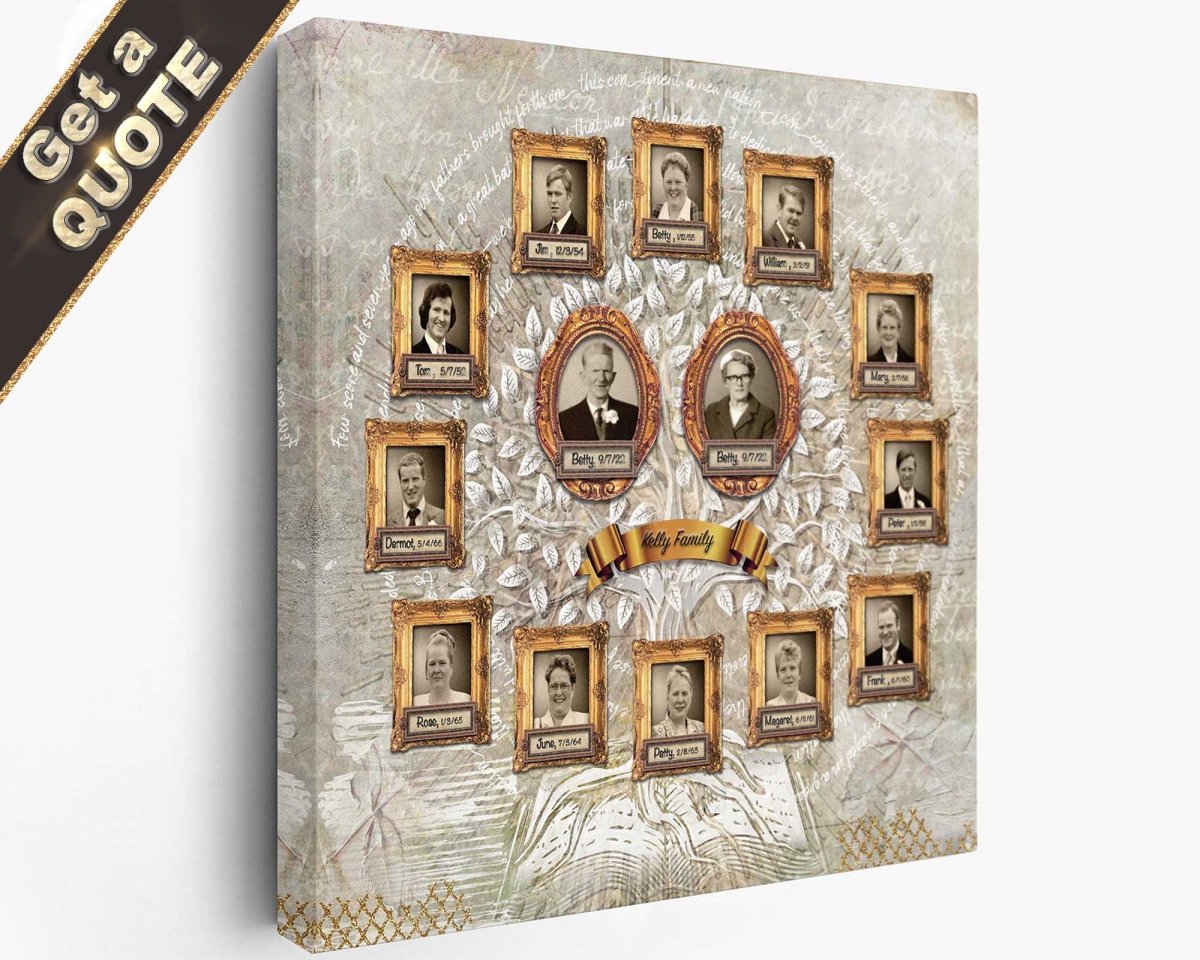A custom family tree collage print with multiple framed portraits of family members arranged in a circular pattern on a textured background.