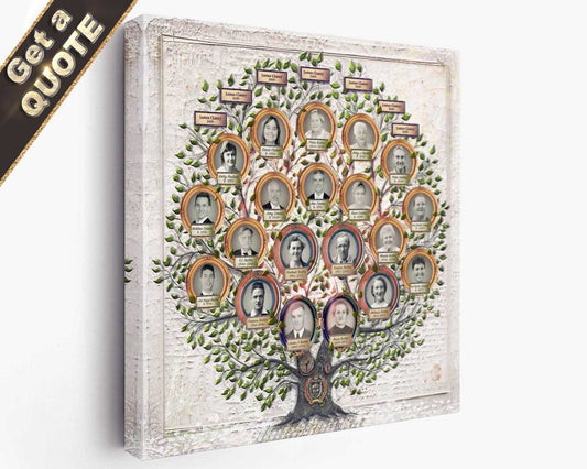 A digital artwork of a family tree photo collage with multiple framed photos integrated into a stylized tree design. With detailed date of birth, names & birth place. Family crest included. 