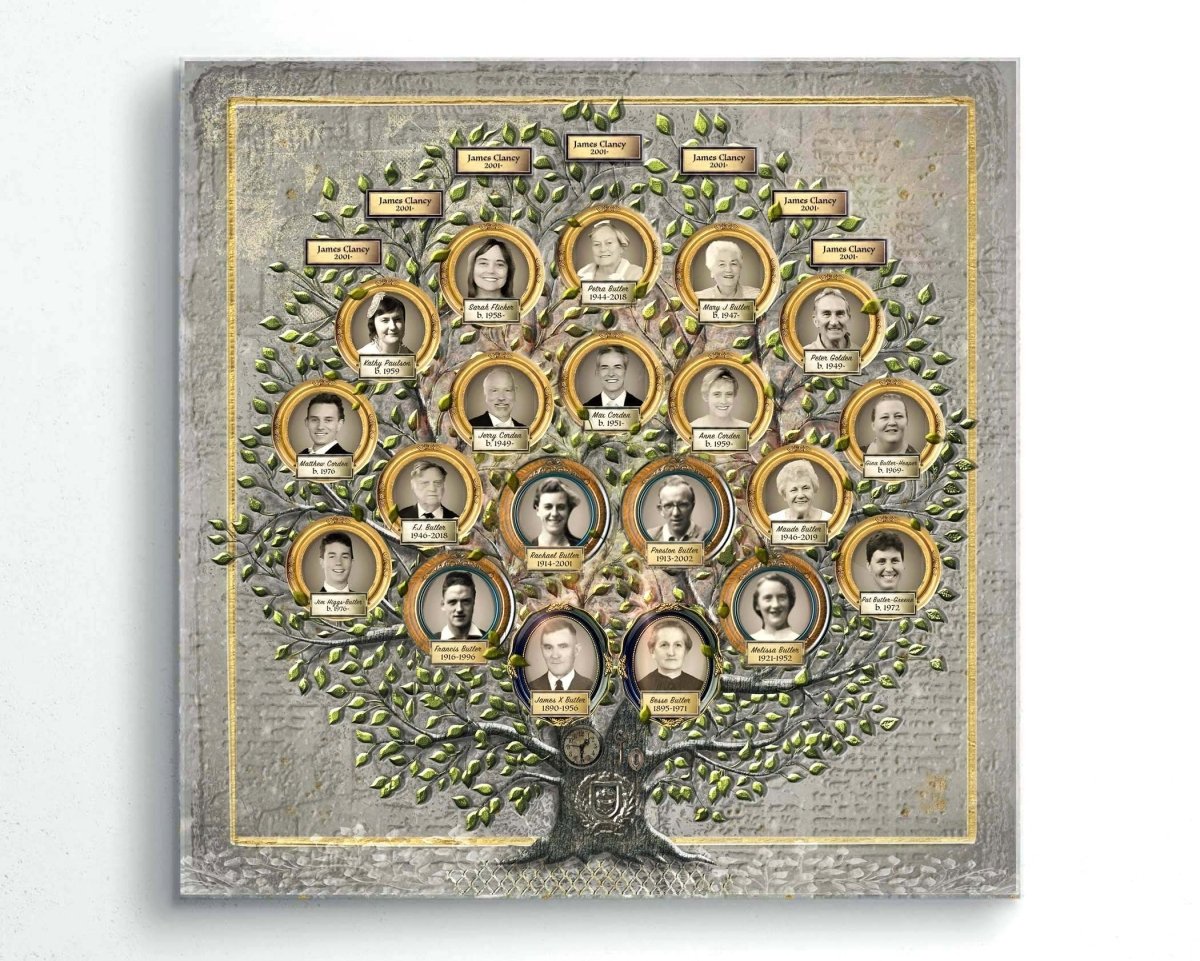 A digital artwork of a family tree photo collage with multiple framed photos integrated into a stylized tree design. With detailed date of birth, names & birth place. Family crest included. 