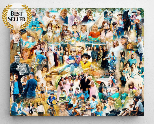 A hand arranged montage of various photographs, featuring multiple generations and settings, presented in a colorful composite image.