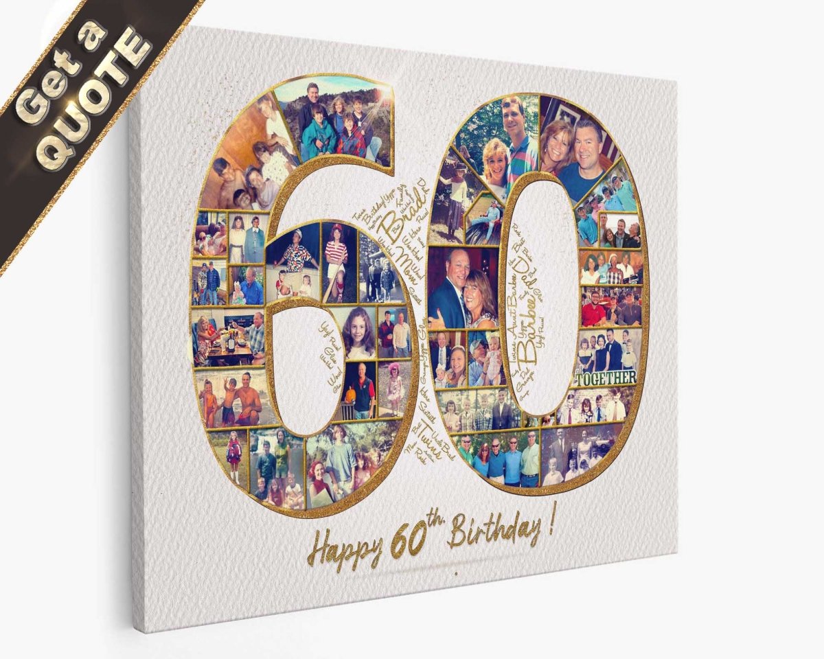 Customized birthday collage artwork in the shape of the number 60 with various photos and a text section reading 'Happy 60th Birthday!'.