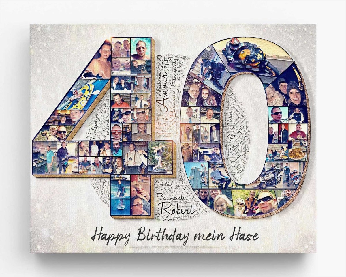 Customized birthday collage artwork in the shape of the number 40 with various photos and a text section reading 'Happy 40th Birthday!'.