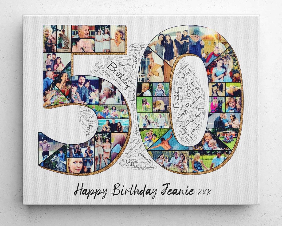 Customized birthday collage artwork in the shape of the number 50 with various photos and a text section reading 'Happy 50th Birthday!'.