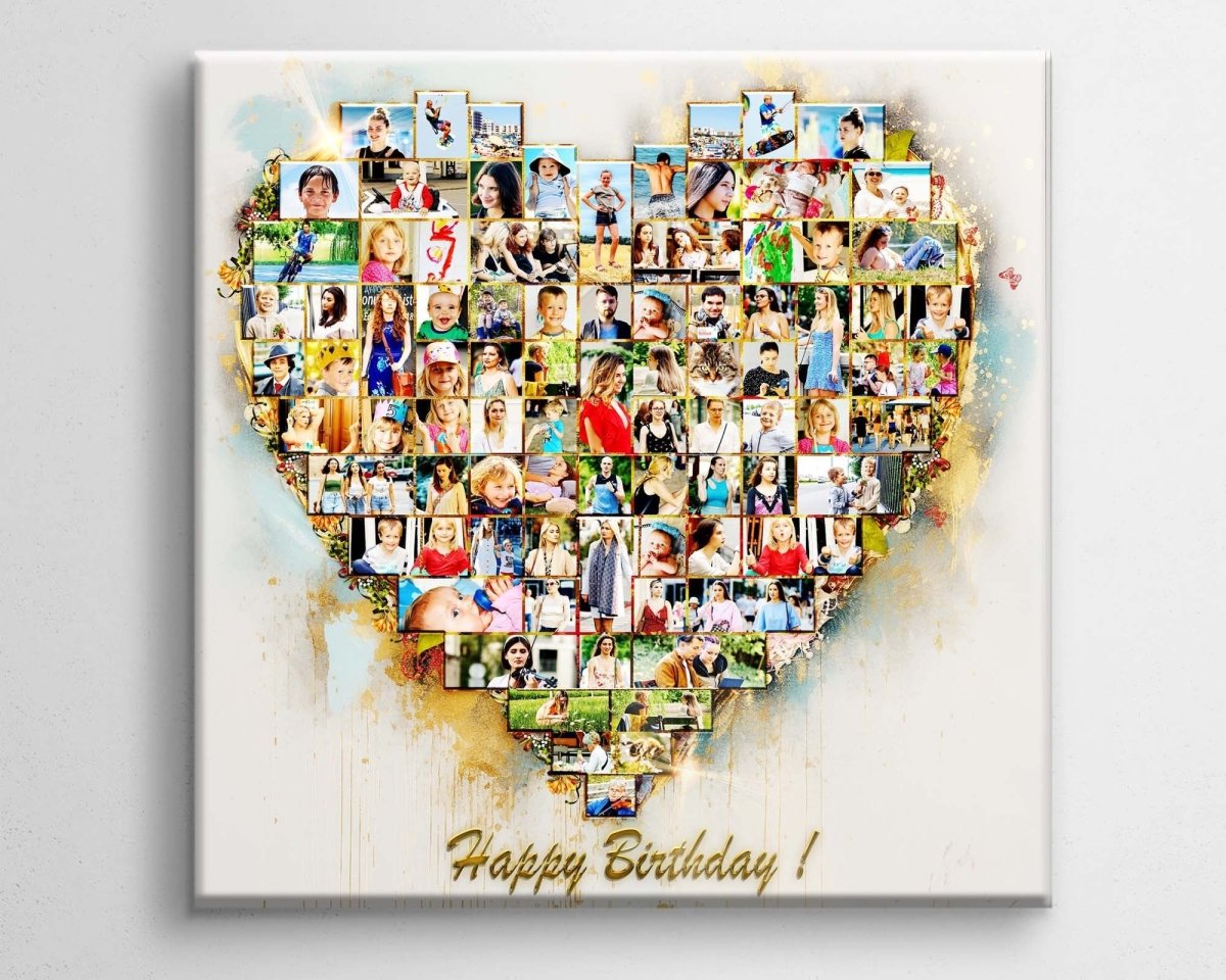 An intricate heart-shaped photo collage made from multiple smaller photos arranged in the form of a heart, with a text overlay that reads 'Happy Birthday!' Square shaped Gallery canvas wrap.