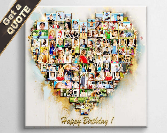 An intricate heart-shaped photo collage made from multiple smaller photos arranged in the form of a heart, with a text overlay that reads 'Happy Birthday!' Square shaped Gallery canvas wrap.