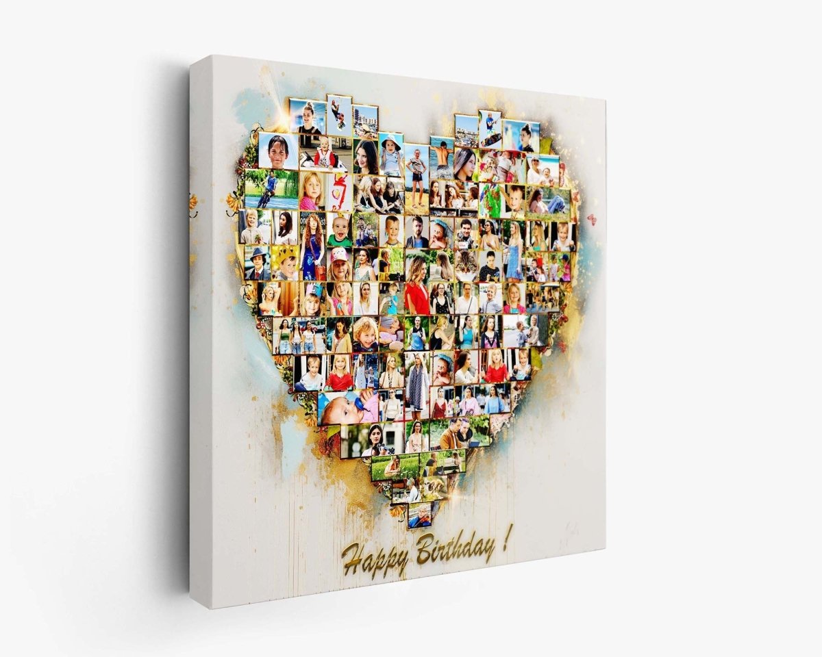 An intricate heart-shaped photo collage made from multiple smaller photos arranged in the form of a heart, with a text overlay that reads 'Happy Birthday!' Square shaped Gallery canvas wrap. Side- view.