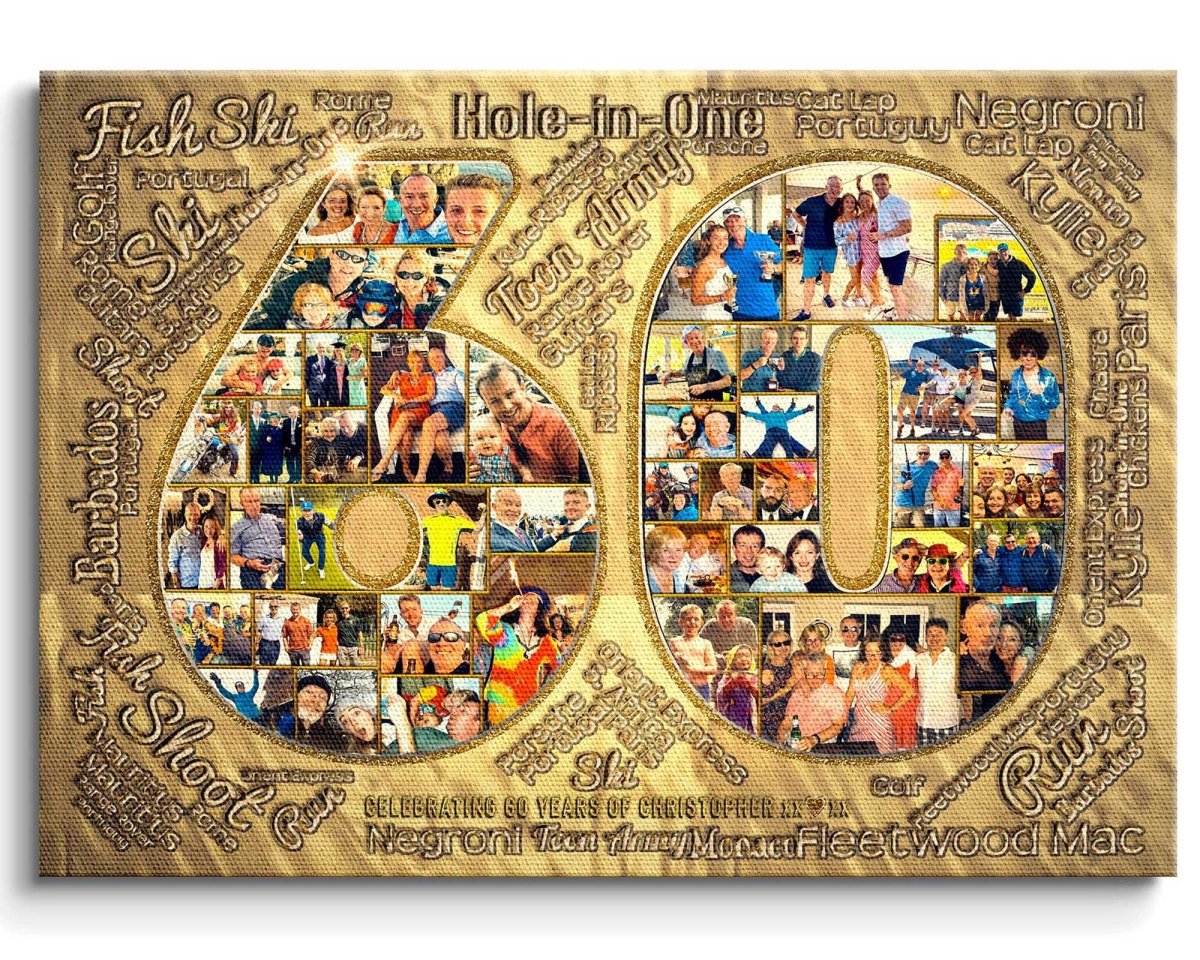 A gold-themed custom-designed collage featuring various photographs and texts arranged in the number 60 , lto celebrate the birthday of a much loved husband and family man.