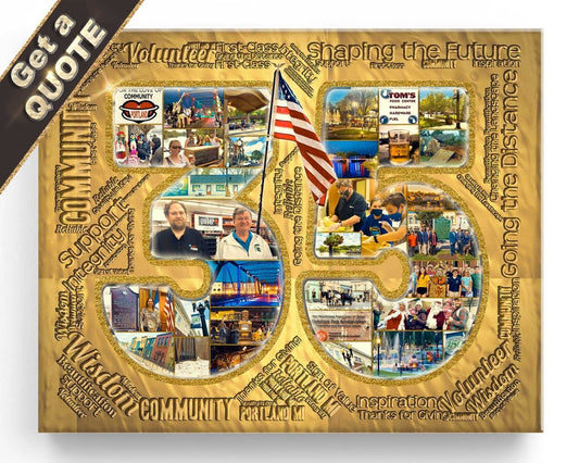 A gold-themed custom-designed collage featuring various photographs and texts arranged in a 35 numerical formation, used for celebrating the 35th. anniversary of an employe's worki and also  its showcasing company achievements and team spirit.