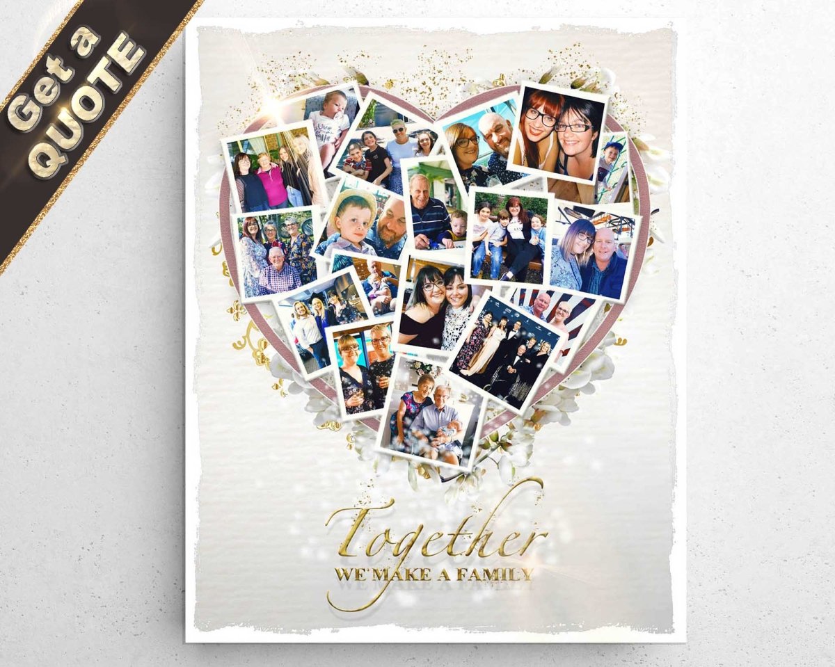 A custom photo collage in the shape of a heart, featuring multiple smaller photos of people, with a golden heart background and white text reading 'Together we make a family'.