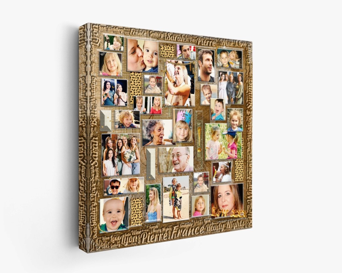 A personalized photo collage wall art featuring multiple images in a gold-colored composition with decorative elements and a custom typographical design.