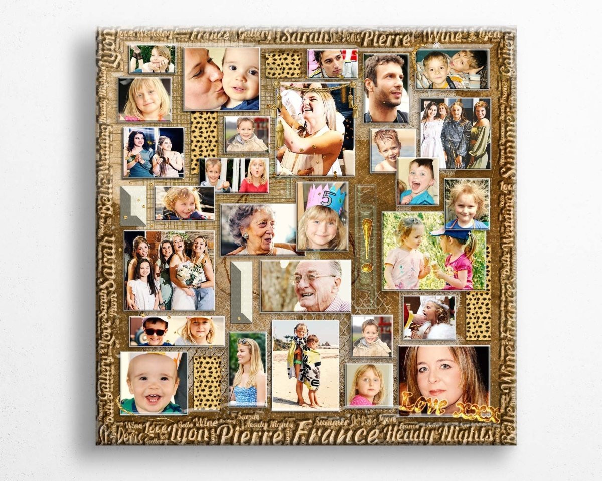 A personalized photo collage wall art featuring multiple images in a gold-colored composition with decorative elements and a custom typographical design.